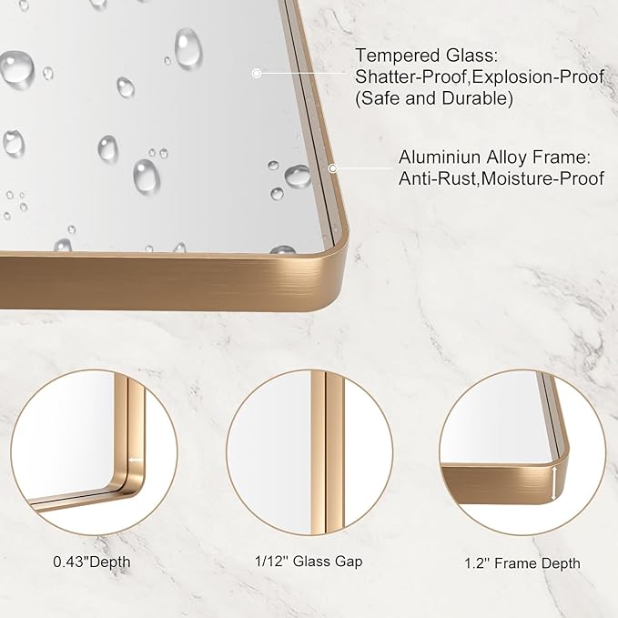 LOAAO 40”X30” Gold Bathroom Mirror, Rounded Rectangle Gold Frame Mirror