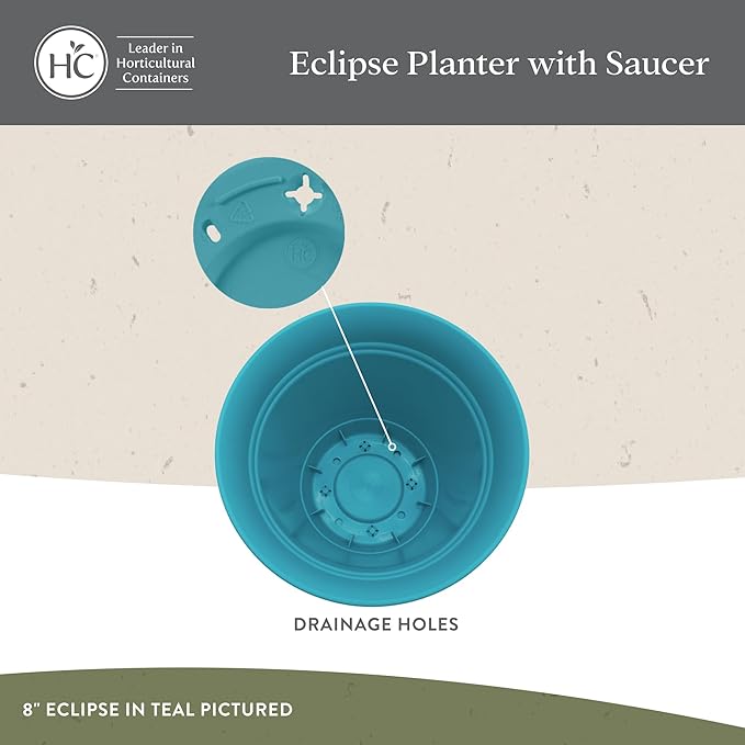 The HC Companies Eclipse Round Planter with Saucer - Outdoor & Indoor Plant Pot with Drainage Holes - Lightweight, UV-Resistant Plastic Pots for Plants, Flowers & Herbs (10" Seafoam, Pack of 1)