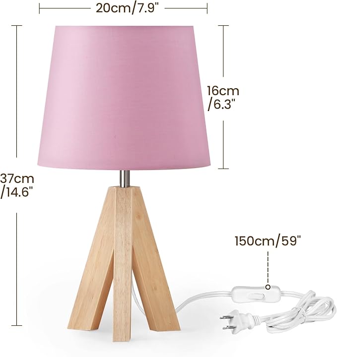 Small Tripod Table Lamp, Modern Nightstand Lamp with Fabric Shade, Boho Bedside Wood Desk Light for Bedroom, Kids Room, Living Room, Office, Study, Pink, P51TL05