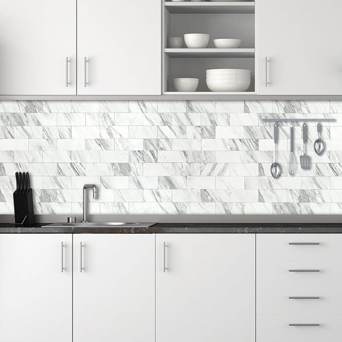 AULIGET 100-Piece White Marble Look Peel and Stick Backsplash Wall Tiles