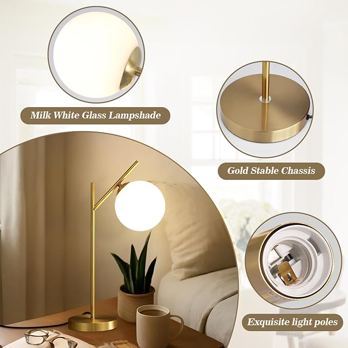 Globe Table Lamp Set of 2, Brass Glass Globe Desk Lamp with Milky White Glass Shade, Contemporary Metal Bedside lamp for Bedroom Living Room Study Room