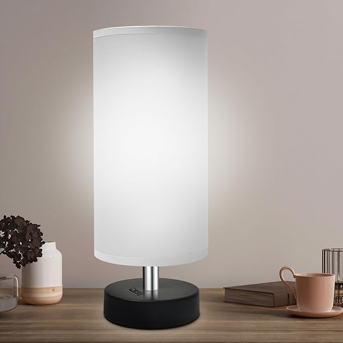 Small Lamp for Bedroom, Bedside Lamps for Night Stands, Mini Minimalist Table Lamp with Round Gray Fabric Shade, 11.8 Inch Desk Reading Lamp for Dorm Room Living Room Office Room, 1 Pack