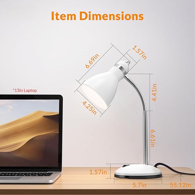 LEPOWER Metal Desk Lamp, Adjustable Goose Neck Table Lamp, Eye-Caring Study Desk Lamps for Bedroom, Study Room and Office (White)
