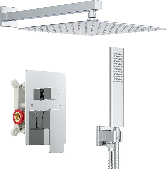 Iriber 12 Inch Bathroom Shower System Polish Chrome Wall Mounted Square Mixer