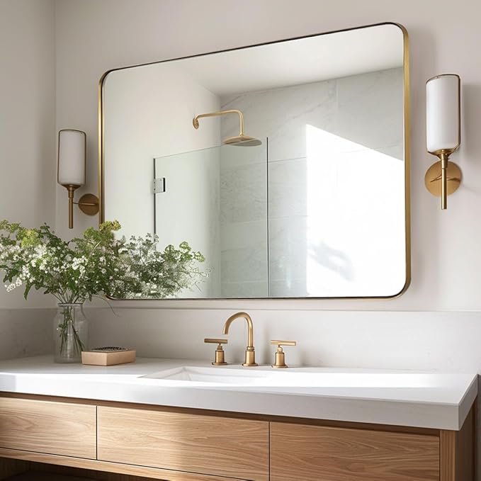 Andy Star Gold Bathroom Mirror, 22x30'' Brushed Brass Metal Frame Rounded