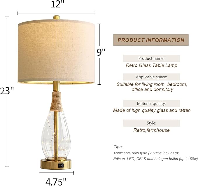OYEARS 23" Table Lamps for Living Room Set of 2 Bedside Lamps for Night Stands Bedroom Lamps Farmhouse Rattan Boho Lamp Glass Nightlight End Table Lamp with USB C+A (Gold),Two Light Points