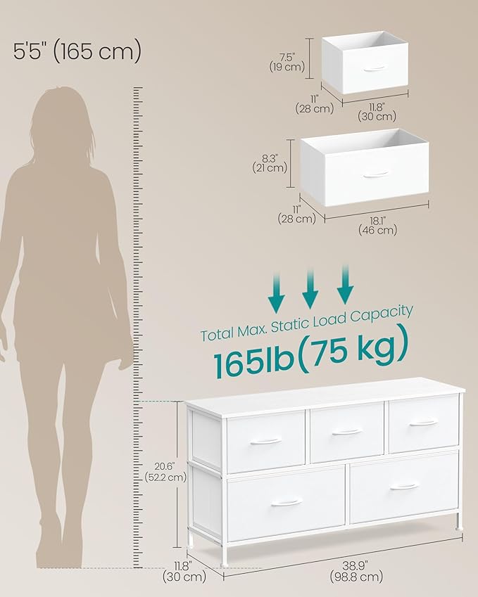 SONGMICS Dresser for Bedroom, Chest of Drawers, 5 Non-Woven Fabric Drawers