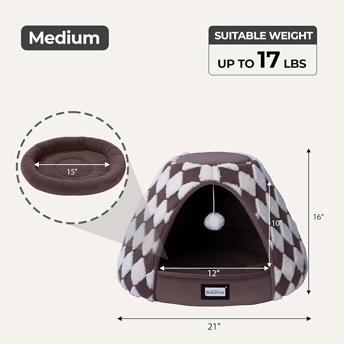 BALANCE Cat Beds for Indoor Cats, 2-in-1 Cat Bed Cave with Anti-Slip Bottom and Ultra-Soft Plush, Cozy Cats House Tent for Kittens and Small Dogs, 21 Inches, Dark Brown