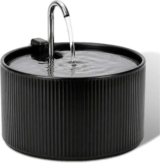 2.2L Ceramic Pet Fountain –Porcelain Pet Water Fountain & Little Dog Drinking Bowl– Automatic Cat Water Dispenser (Black)