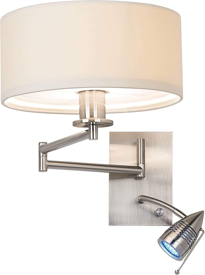 Possini Euro Design Tesoro Modern Swing Arm Wall Mounted Lamp Adjustable LED Brushed Nickel Plug-in Light Fixture Off White Drum Shade for Bedroom Bedside House Reading Living Room Home Hallway