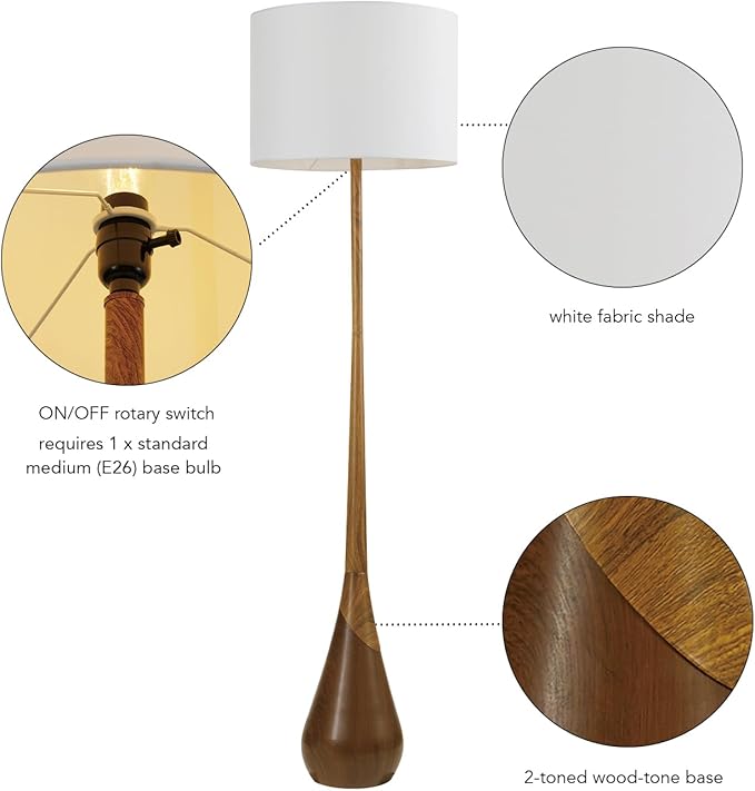 Globe Electric Novogratz x Globe Harrington 65" Floor Lamp, 2-Tone Faux Wood Base, White Fabric Shade, Socket Rotary Switch 67225