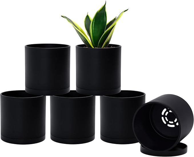 D'vine Dev 6 Pack 4.5 Inch Modern Plastic Plant Pots, Small Garden Planters for Plant with Drainage Holes and Saucers, Black Color, 74-Y-F-3