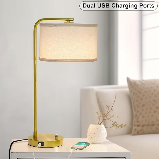 Fully Dimmable Bedside Lamp with C+A USB Ports, Mordern Gold Nightstand Lamp Desk Reading Lamp with Beige Drum Shade, Tall Side Table Lamp for Living Room Bedroom Office, 9W LED Bulb Included