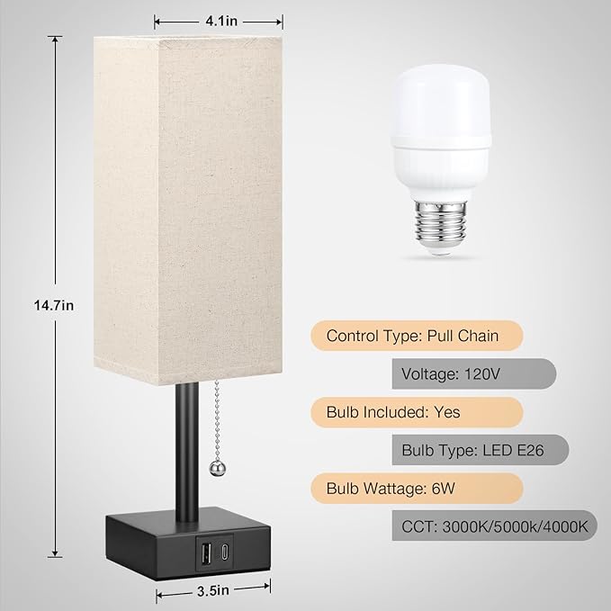 Small Linen Bedroom Lamp - 3 Color Temperature 3000K 5000K 4000K Bedside Lamp, Pull Chain Control, USB A and C Charging Ports, Black Base, for Kids Office Dorm, Bulb Included