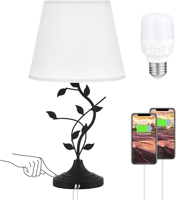 Kakanuo USB Touch Table Lamp Bedside Lamp with USB C Charging Ports for Living Room, White 3 Way Dimmable Traditional Nightstand Lamp Retro Table Lamp for Bedroom and Office (LED Bulb Included)