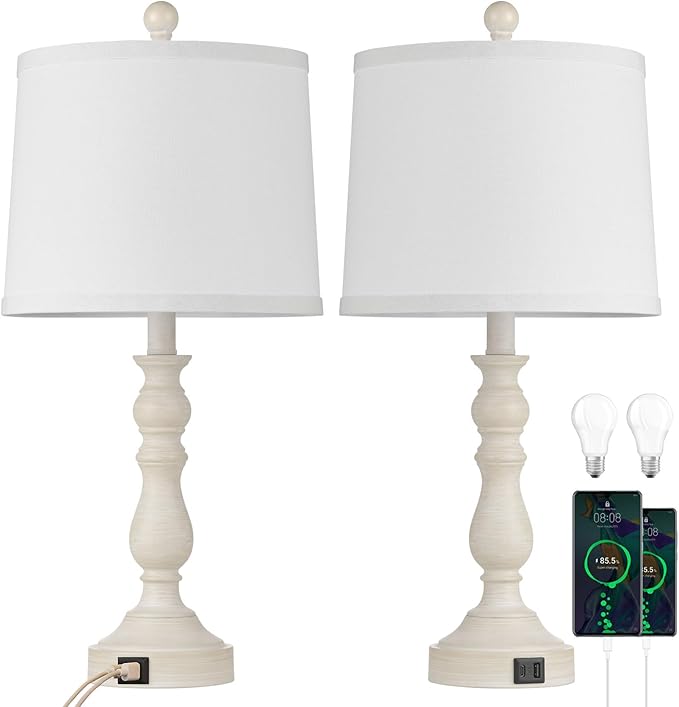 23'' Farmhouse Table Lamps for Living Room Set of 2 with USB C+A Ports, Retro Bedside Lamp for Bedroom, Office, Dining Room, Knob Switch, 3 Color Temperatures, Bulb Included, Beige