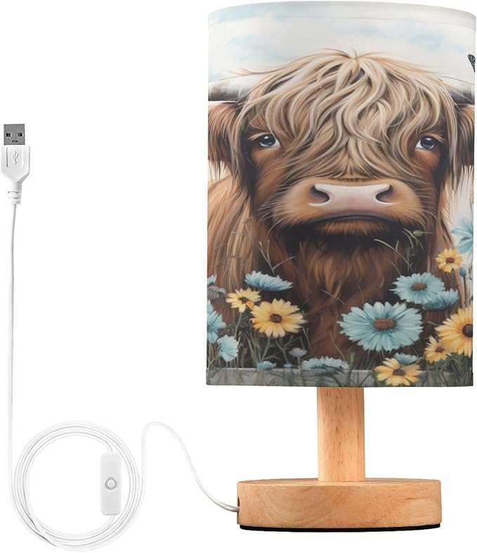 Highland Cows Daisy Wooden Vintage LED Table Lamp for Bedroom Bedside Lamp with USB Charging Ports Decor Nightstand for Living Room Reading Dorm Desk Home Office