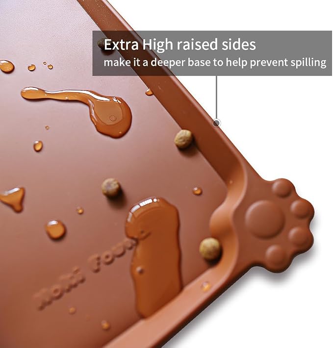 Hoki Found Silicone Pet Food Tray - Non Slip Pet Dog Bowl Mats - Cat Waterproof Mat for Carpet - Caramel