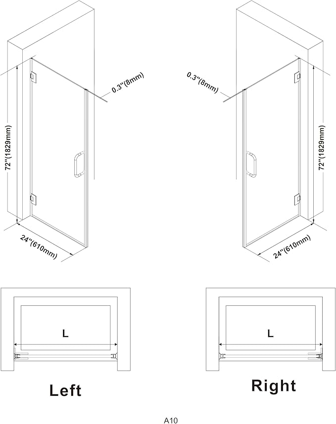 Bathroom Frameless Shower Door 24" W*72" H, 5/16" Clear Tempered Glass Hinged