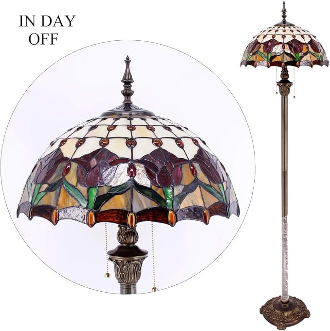 WERFACTORY Tiffany Floor Lamp Red Amber Tulip Flower Stained Glass Standing Reading Light 16X16X64 Inches Antique Pole Corner Lamp Decor Bedroom Living Room Home Office S030 Series