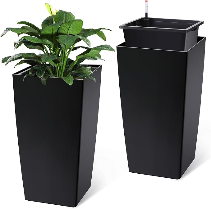 Garvee 30" Tall Planters Set of 2, Outdoor&Indoor Black Planter Pots, High Front Porch Planter Pots with Drainage Holes&Water Level Monitor&Inner Bucket,Black