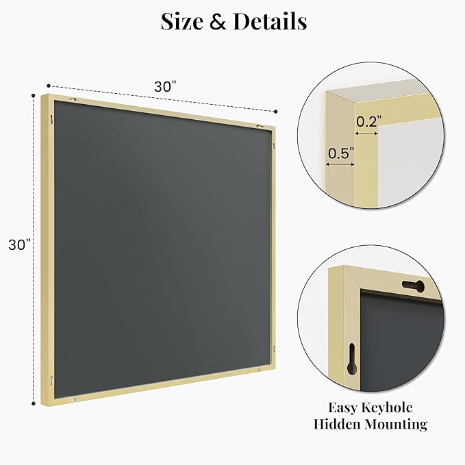 30"x30" Gold Square Mirror for Wall, Metal Framed Bathroom Vanity Mirror
