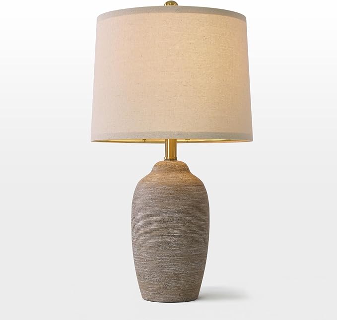 24.5" Handcrafted Ceramic Table Lamp - Single Farmhouse Vintage Rustic Bedside Lighting for Living Room, Bedroom, Entryway | Nightstand & End Table Decor with Linen Shade (Bulb Not Included)