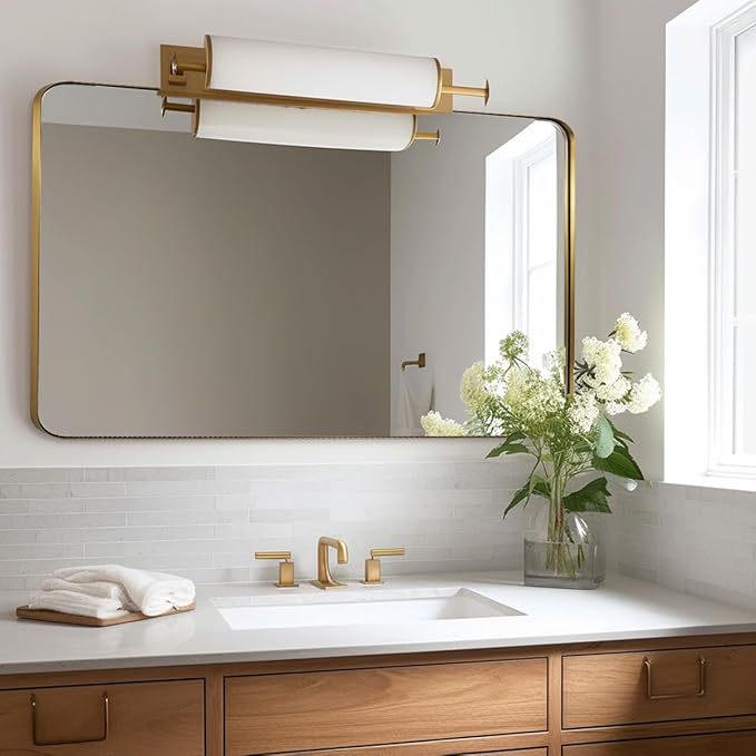 Andy Star Gold Bathroom Mirror, 22x30'' Brushed Brass Metal Frame Rounded