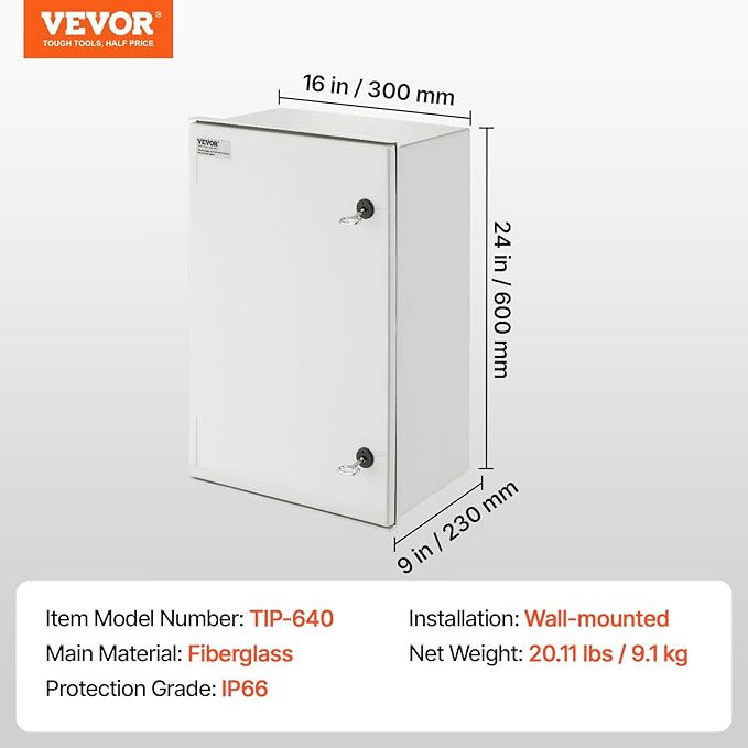 VEVOR Fiberglass Enclosure 23.6 x 15.7 x 9.1 Electrical Enclosure Box NEMA 3X
