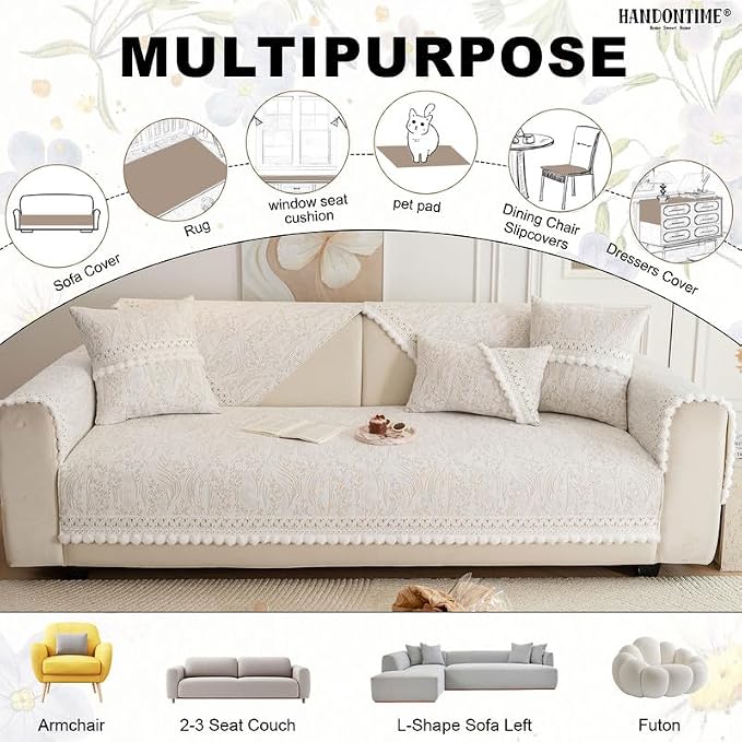 HANDONTIME Chenille Pet Couch Cover Floral Pattern – Soft Fringed Edges, Non-Slip Washable Sofa Slipcover, Jacquard Sofa Cushion Cover, Protects Furniture from Dogs, Cats & Kids (Khaki,35.4" x 70.9")