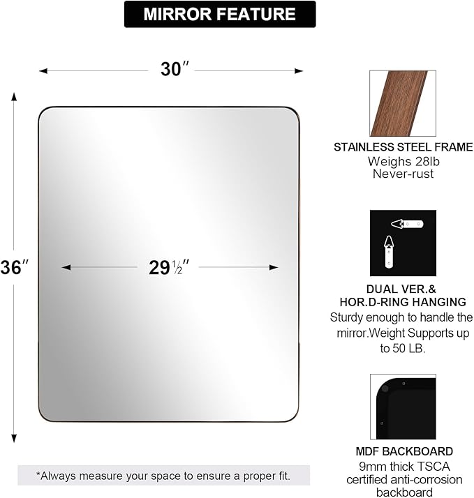 ANDY STAR Bronze Mirror for Wall, 30x36” Rounded Rectangle Bathroom Mirror