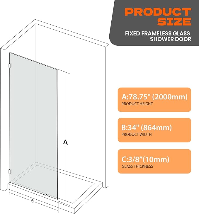 Bathroom Shower Door 34" W x 78.75" H, Frameless Fixed 3/8" Thick Clear