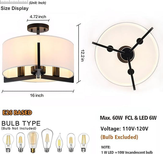 16 inch Semi Flush Mount Ceiling Light: 3-Light Black Modern Light Fixtures Ceiling Mount with Drum Fabric Shade, Close to Ceiling Lamp for Bedroom, Kitchen, Entryway (Bulb Exclude)