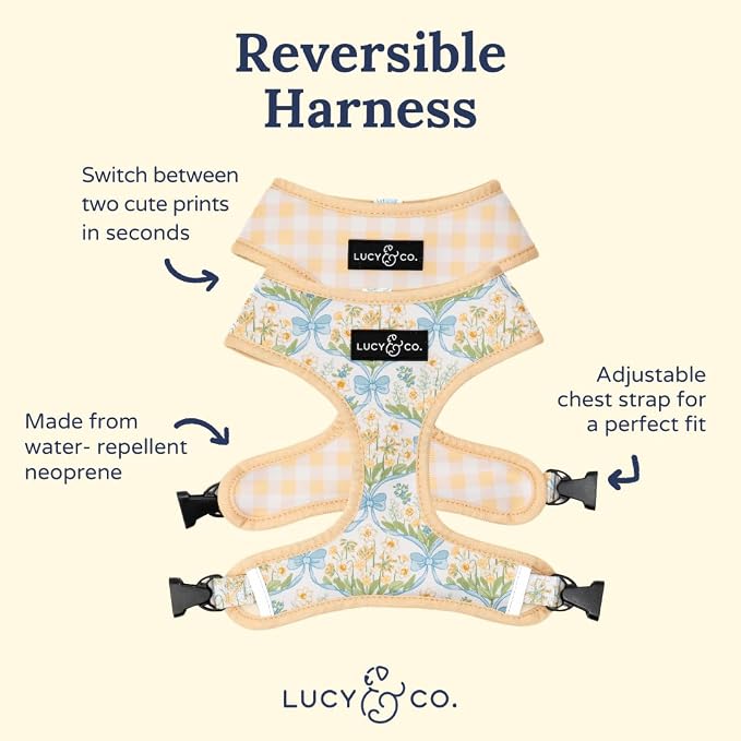 Lucy & Co. Reversible Dog Harness - Water-Repellent Neoprene, Dual-Print Design, Easy Swap Style, Adjustable Comfort Fit - Sunshine Daffodils Reversible Harness - Small