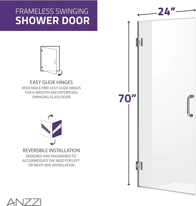 ANZZI 70" x 24" Frameless Shower Door in Matte Black, Water Repellent Glass
