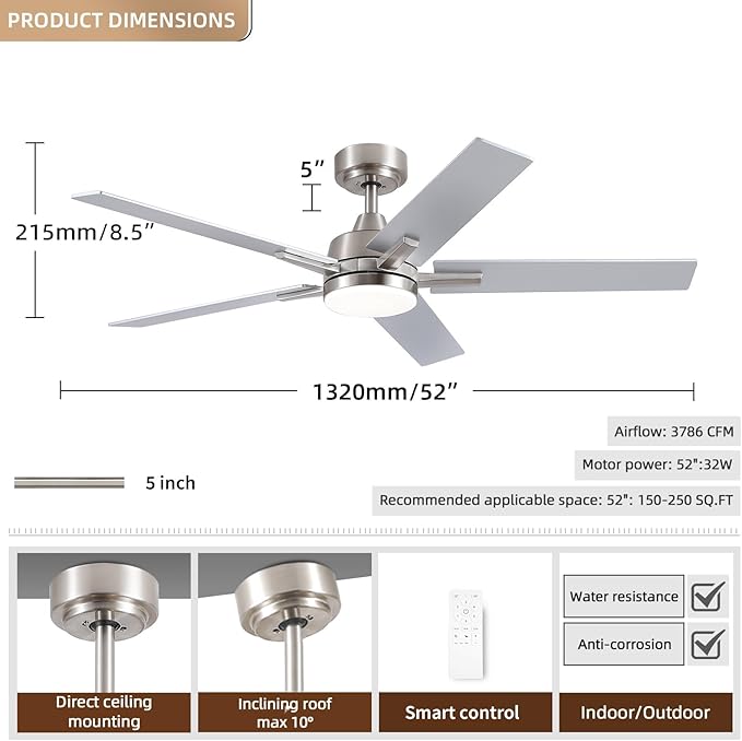 SODSEA Ceiling Fans with Lights, 52 inch Nickel Ceiling Fan with Light and