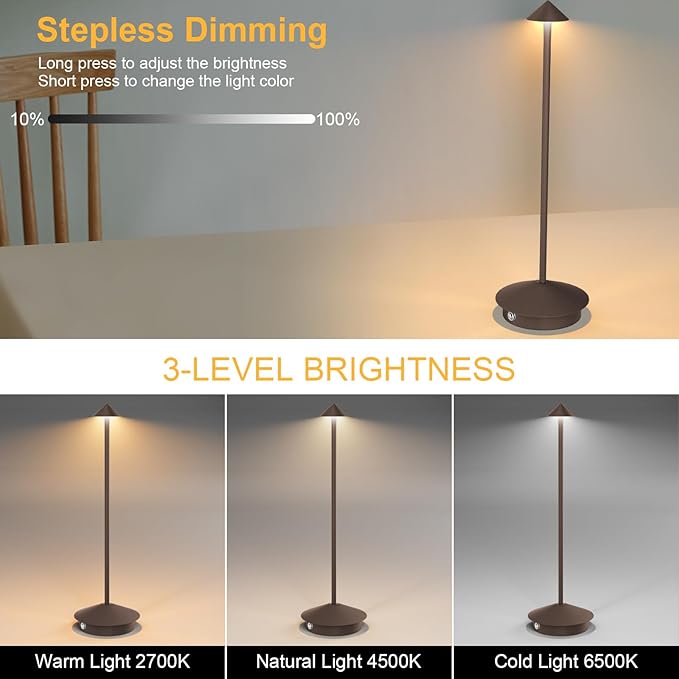 2-Pack 6000mAh Rechargeable Led Table Lamp Cordless,3000K-6000K Stepless Dimming Touch Lamps with Memory Function,IP54 Waterproof Aluminum Table Light for Outdoor/Bars/Restaurant/Patio(Rust)