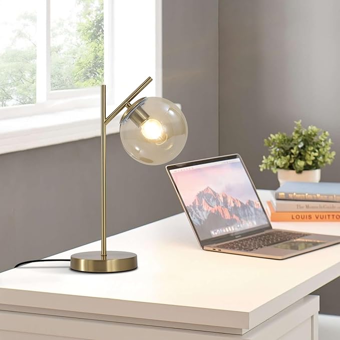 Mid Century Modern Table Lamp, Gold Globe Nightstand Lamp with Cognacs Glass Shade, Metal Brass Desk Lamp for Bedroom Living Room Study Room