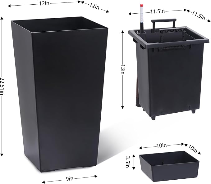 Garvee 22.5" Tall Planters Set of 2, Outdoor&Indoor Black Planter Pots, High Front Porch Planter Pots with Drainage Holes&Water Level Monitor&Inner Bucket,Black