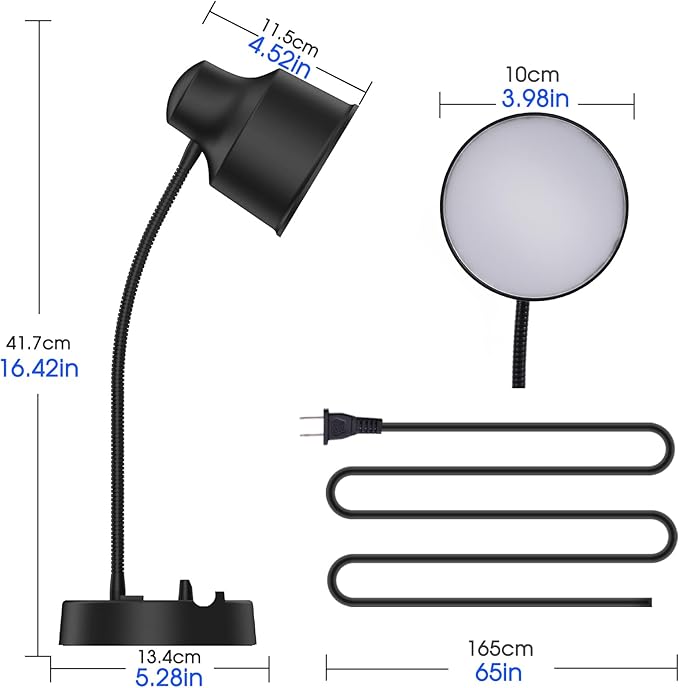 Energetic LED Desk Lamp with Phone Holder, Table Lamp with AC Outlet, Adjustable Flexible Gooseneck, 4000K, Eye-Care Reading Light for Bedroom, Study, Computer Desk, Living Room, Home Office, Black