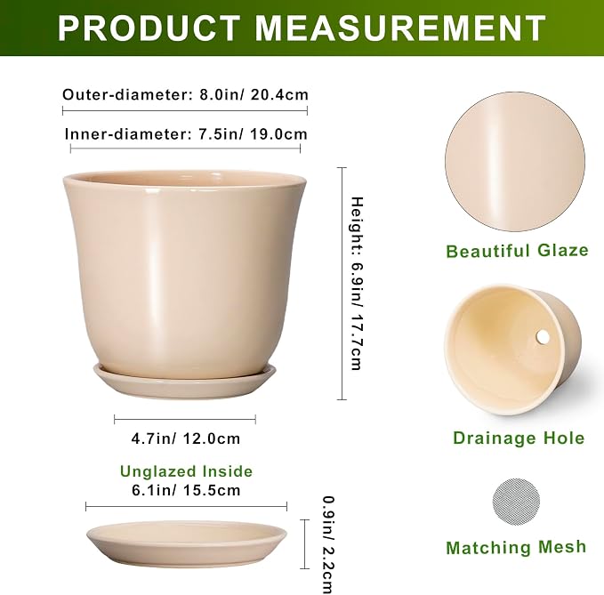 8 Inch Plant Pot - Ceramic Pots for Plants Indoor Outdoor, Round Flower Pots with Drainage Hole and Saucer, Modern Decorative Planters, Home Office Desk Room Decor, Plant Lover Gifts, Beige
