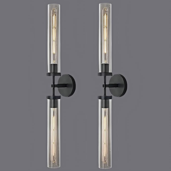 Brass Wall Sconces, 30in Black 2-Light Double Glass Sconces Wall Lighting, Bathroom Knurled Vanity Light Sconces, Wall Lights for Living Room Bedroom(Including Bulb)
