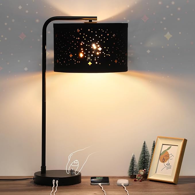 Bedside Table Lamp with USB C+A Ports, Fully Dimmable Modern Nightstand Side Lamps with Stars Shade, Tall Desk Reading Lamps for Living Room Bedroom 3000k LED Bulb Included