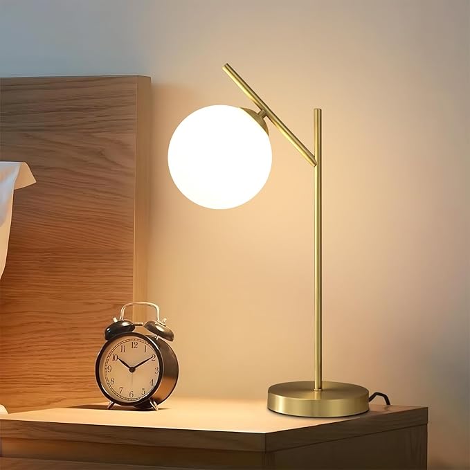 Mid Century Modern Table Lamp, 1 Light Brass Glass Globe Bedside Lamp, Contemporary Metal Table Lamp with Milky White Glass shadefor Bedroom Living Room Study Room