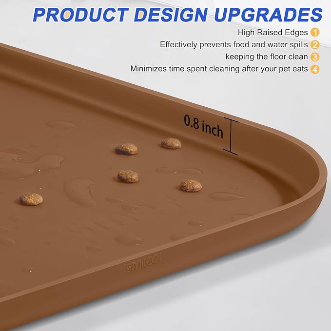 SMILOOL Waterproof Silicone Pet Food Mat with Raised Edge for Dog & Cat | 22" x 14" Non-Slip Pet Feeding Mats with Lip for Food & Water Bowl, Food Grade, Easy Cleaning, Brown