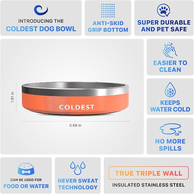 Coldest Dog Bowl - Anti Rust Metal, Non Slip, 3 Layers Insulated Stainless Steel Dog Bowls - Spill Proof & Heavy Duty - Water Bowl for Dogs, Cats & Pets, Dish Washer Safe (21 oz, Mars Red Glitter)