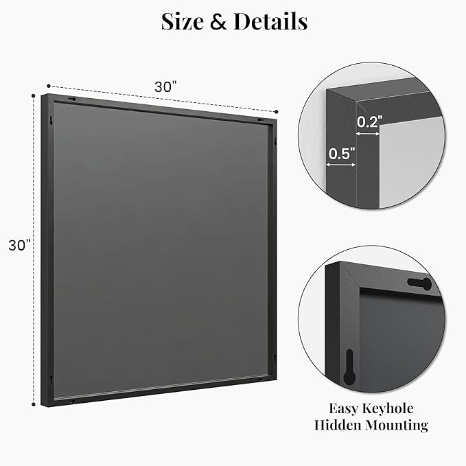 30''x30'' Square Black Bathroom Mirror, Matte Metal Framed Wall Mirror