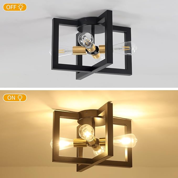 Modern Black and Brushed Gold Semi Flush Mount Ceiling Light, 4-Light Industrial Geometric Light Fixture, Ceiling Lights for Hallway Entryway Laundry Kitchen Dining Room Bedroom Lighting, UL Listed