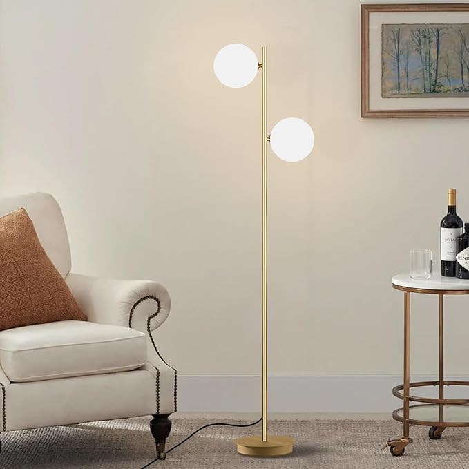 2 Light Mid Century Modern Floor Lamp for Living Room Retro Vintage Tall Standing Lamp with Frosted Glass Globe Shade Brass Floor Lamps for Office Hotel Bedroom