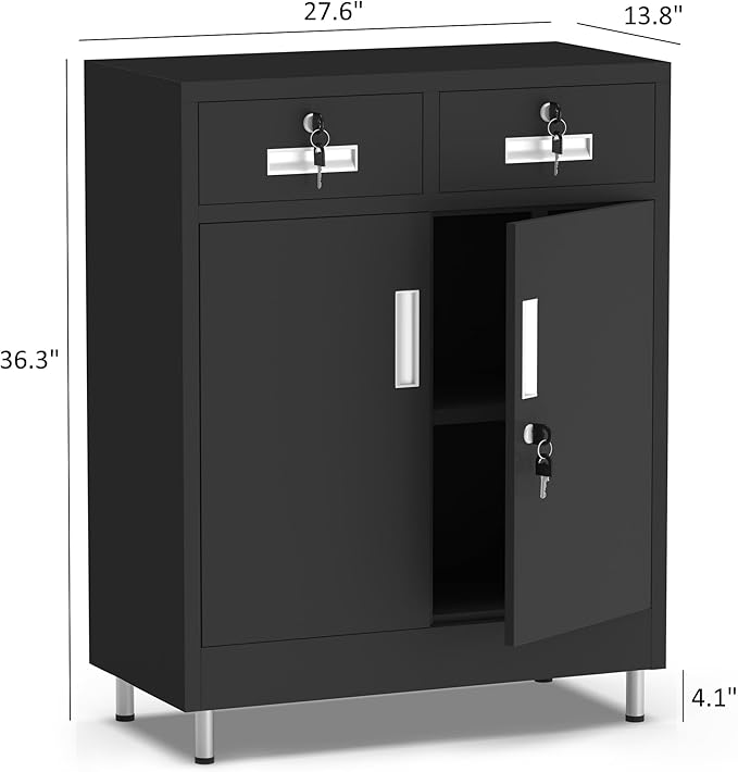 Metal Storage Cabinet with Locking Doors and 2 Drawers, Lockable Storage